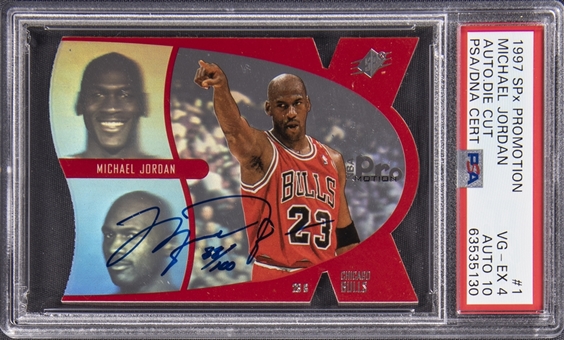 1997-98 UD SPx ProMotion Autographs Die Cut #1 Michael Jordan Signed Card (#088/100) – PSA VG-EX 4, PSA/DNA 10